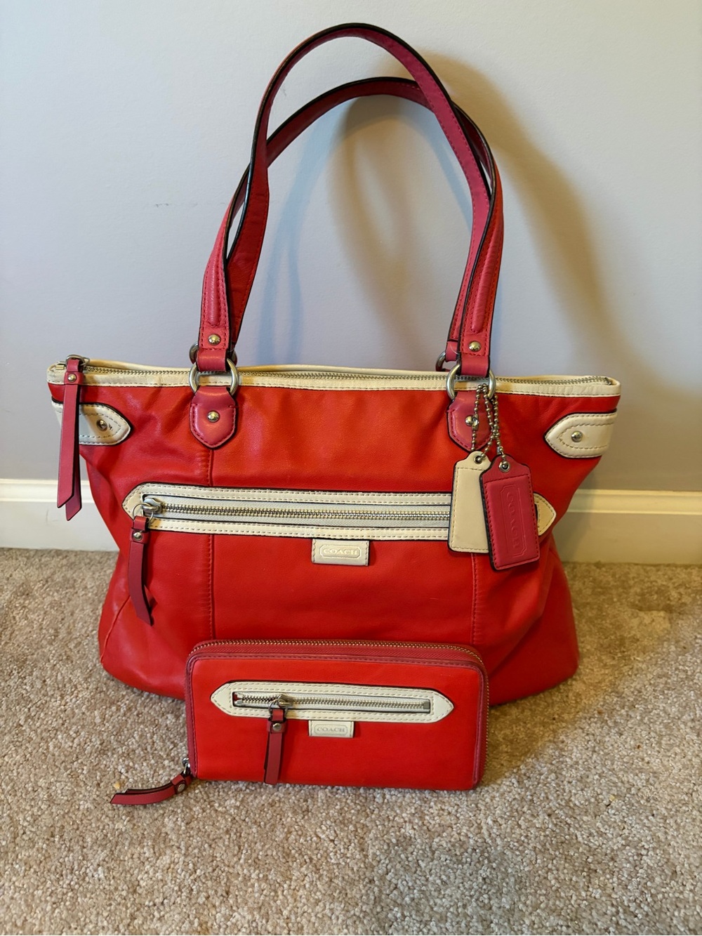 Coach SET Red Orange Leather Shoulder Tote with Cream Trim and Matching Wallet